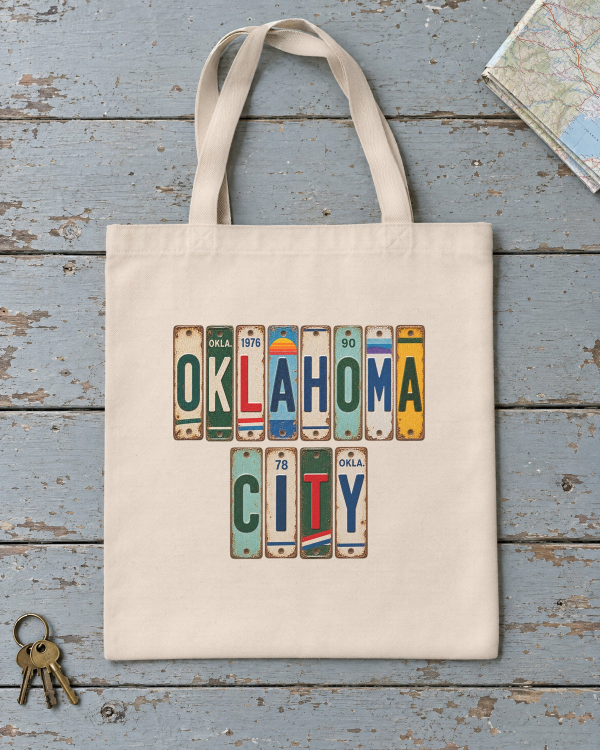 Oklahoma City, Oklahoma vintage license plate tote bag in Natural