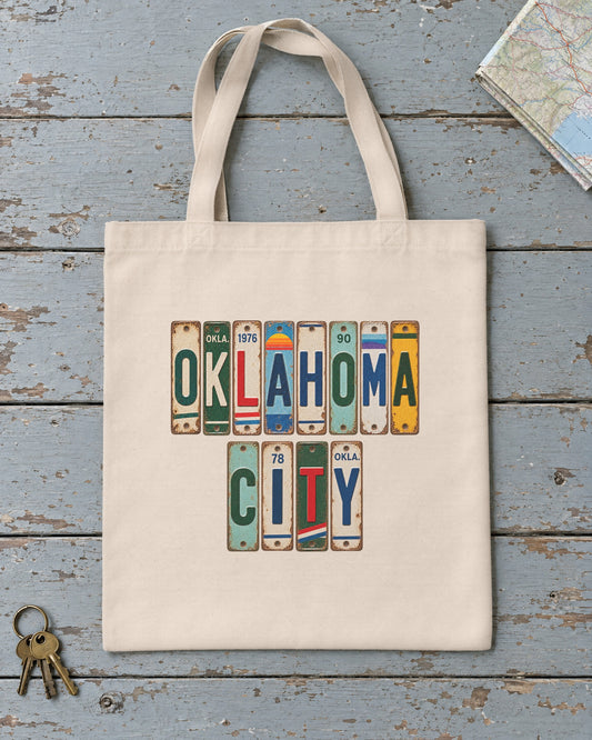 Oklahoma City, Oklahoma vintage license plate tote bag in Natural