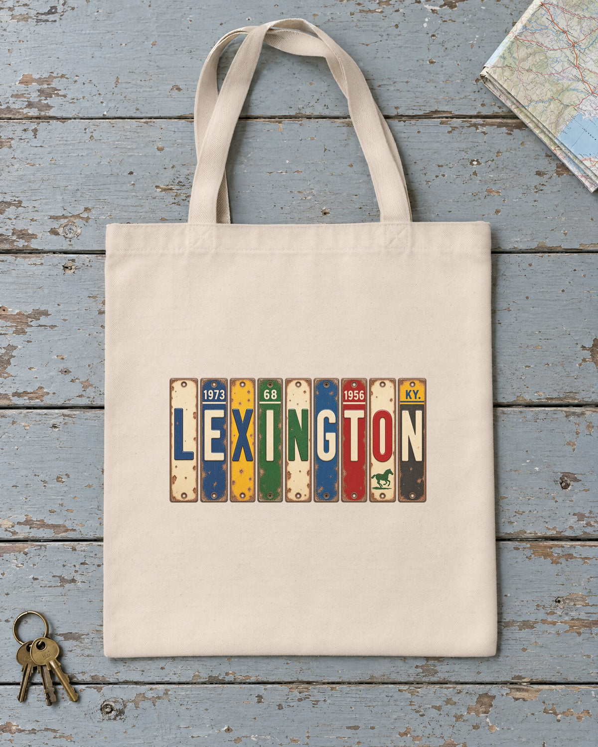 Lexington, Kentucky vintage license plate tote bag in Natural