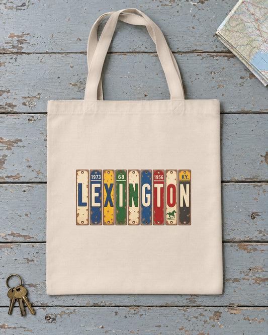 Lexington, Kentucky vintage license plate tote bag in Natural