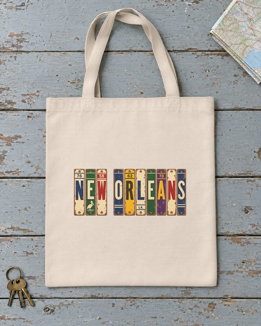 New Orleans, Louisiana vintage license plate tote bag in Natural