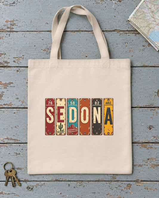 Sedona, Arizona vintage license plate tote bag in Natural