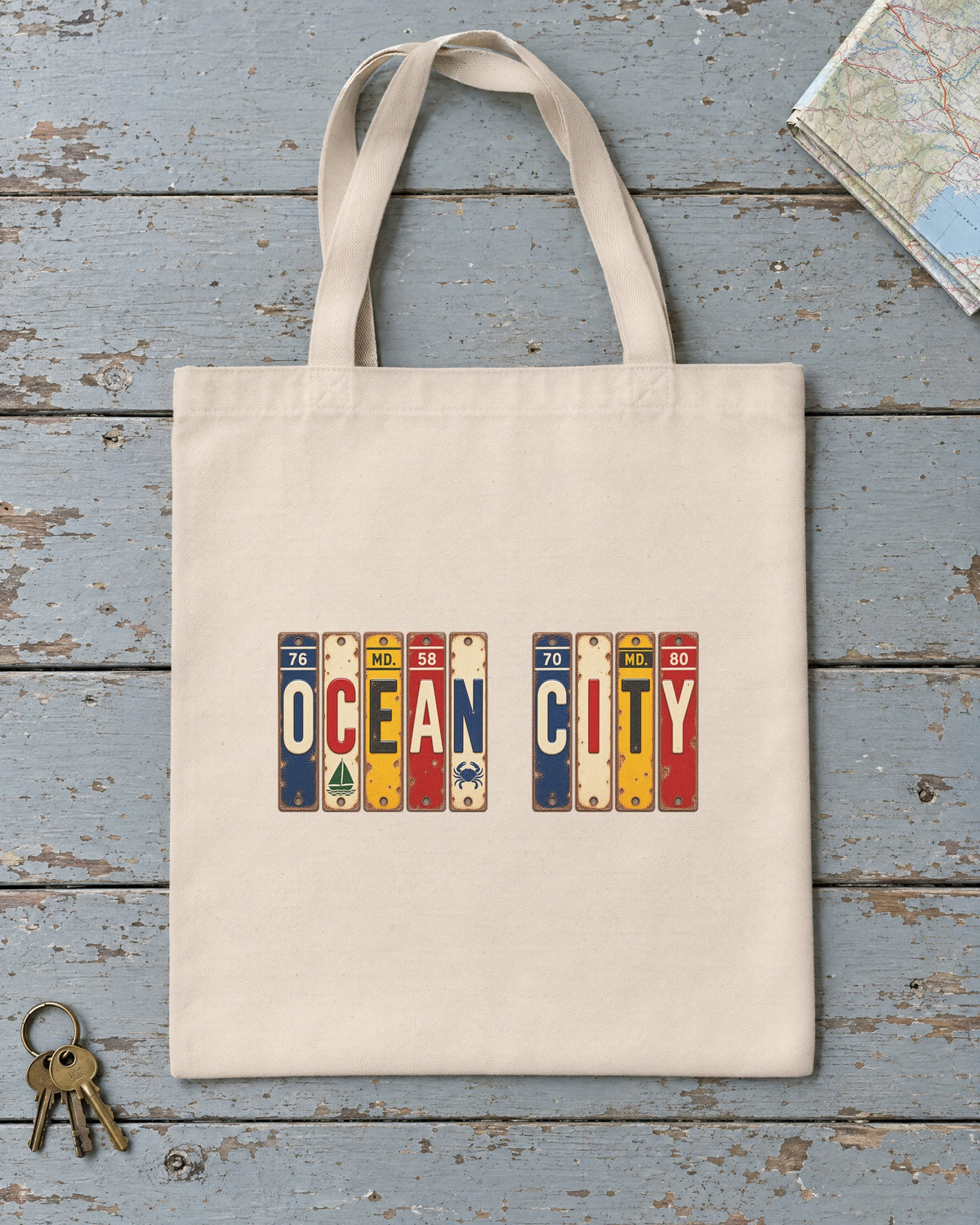 Ocean City, Maryland vintage license plate tote bag in Natural