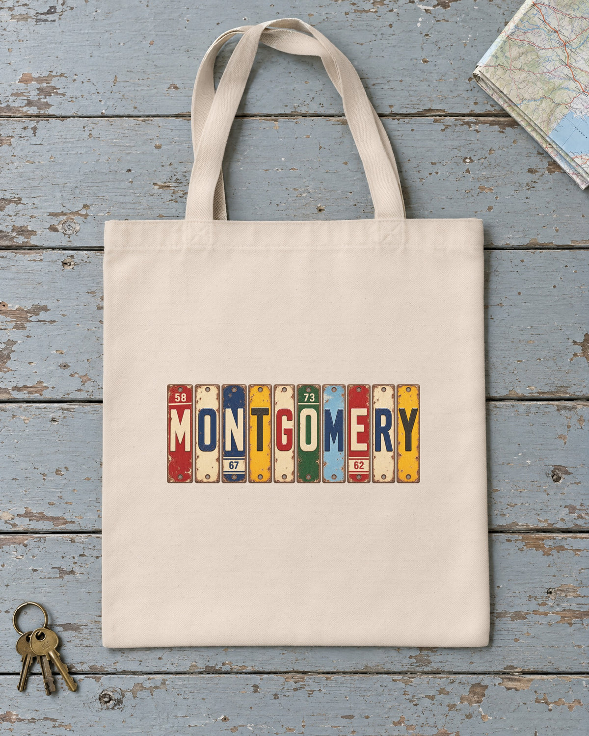 Montgomery, Alabama vintage license plate tote bag in Natural