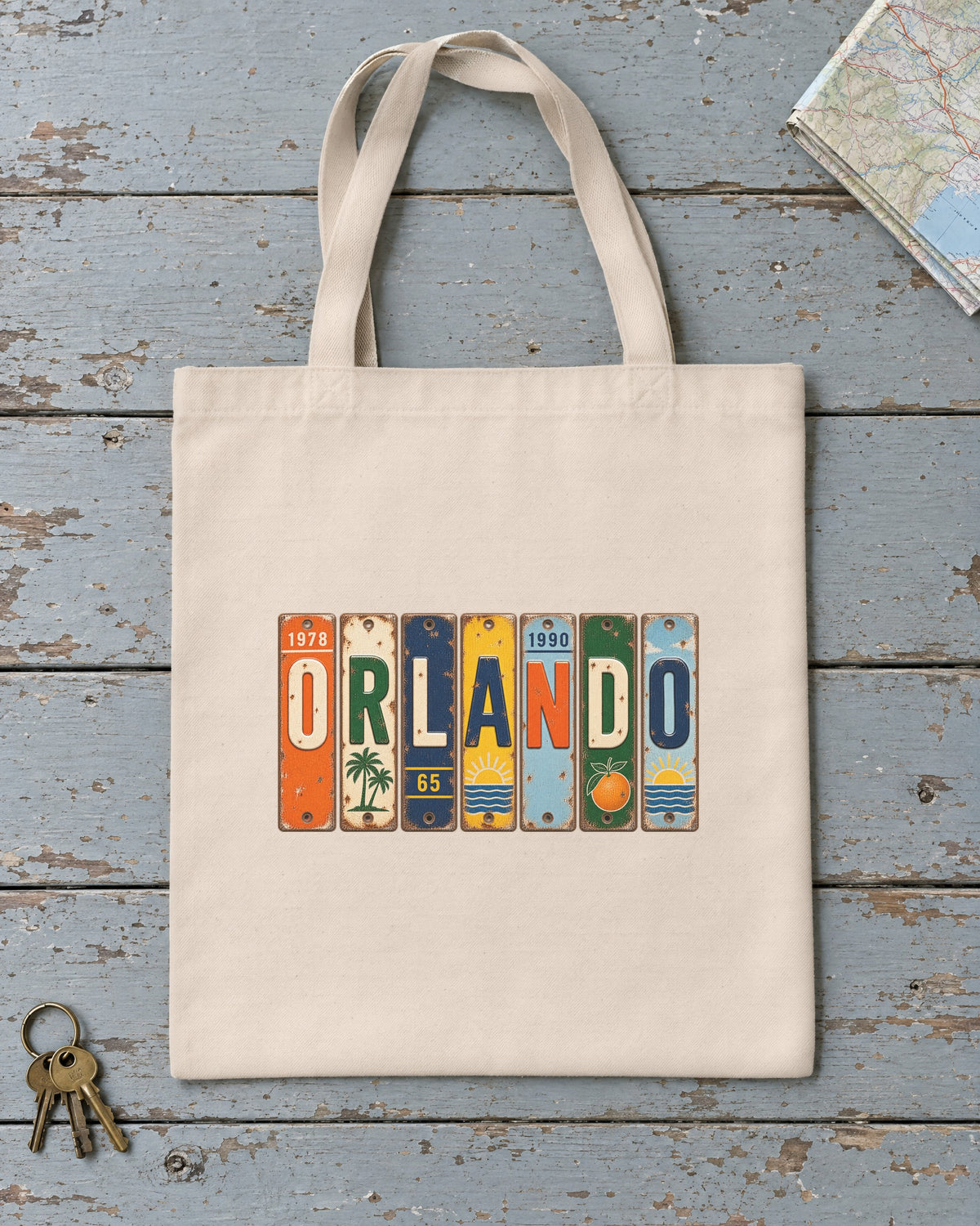 Orlando, Florida vintage license plate tote bag in Natural