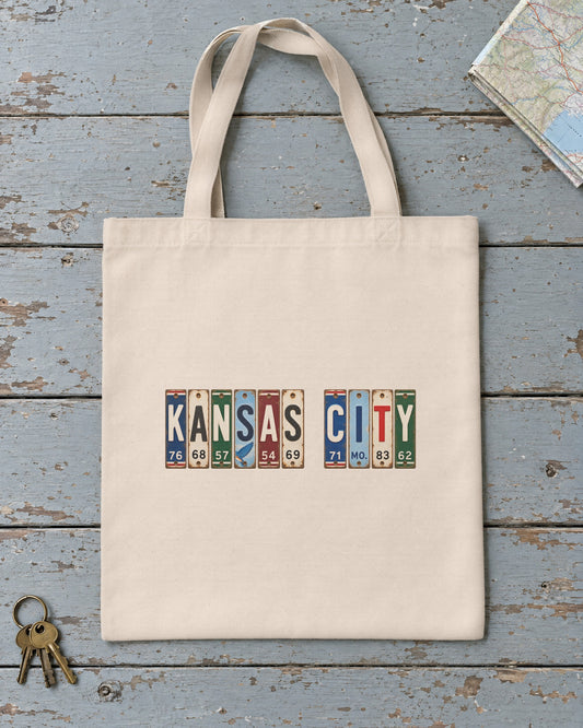 Kansas City, Missouri vintage license plate tote bag in Natural