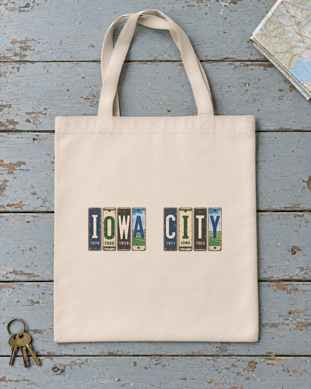 Iowa City, Iowa vintage license plate tote bag in Natural