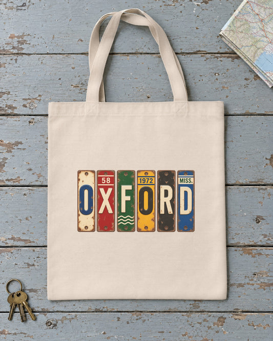 Oxford, Mississippi vintage license plate tote bag in Natural