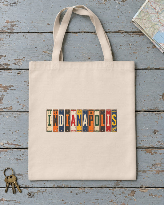 Indianapolis, Indiana vintage license plate tote bag in Natural