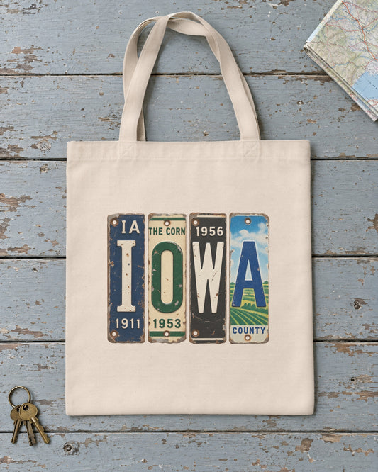 Iowa vintage license plate tote bag in Natural