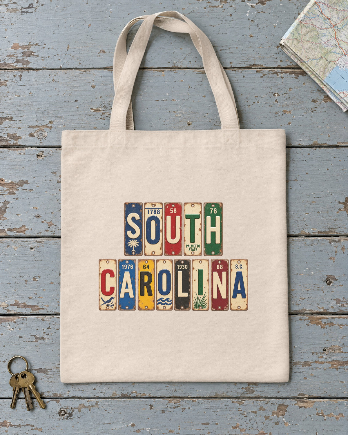South Carolina vintage license plate tote bag in Natural