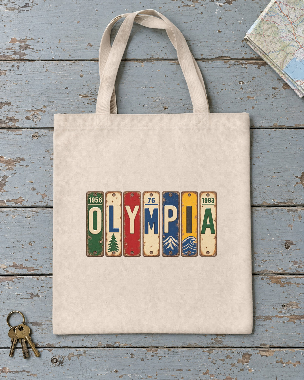 Olympia, Washington vintage license plate tote bag in Natural