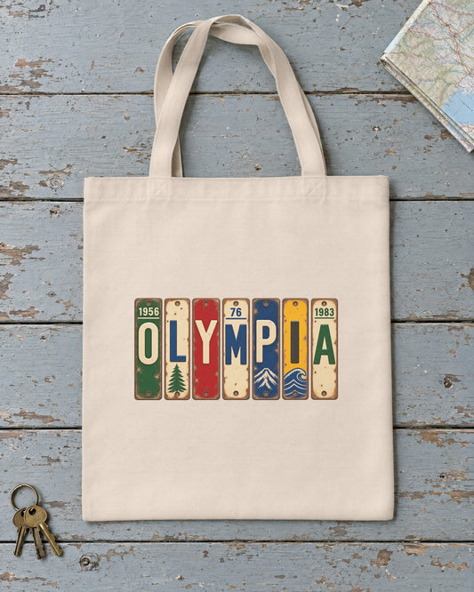 Olympia, Washington vintage license plate tote bag in Natural