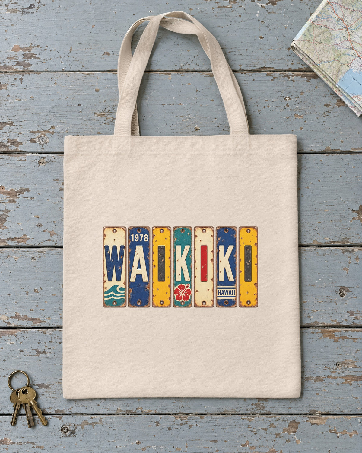 Waikiki, Hawaii vintage license plate tote bag in Natural