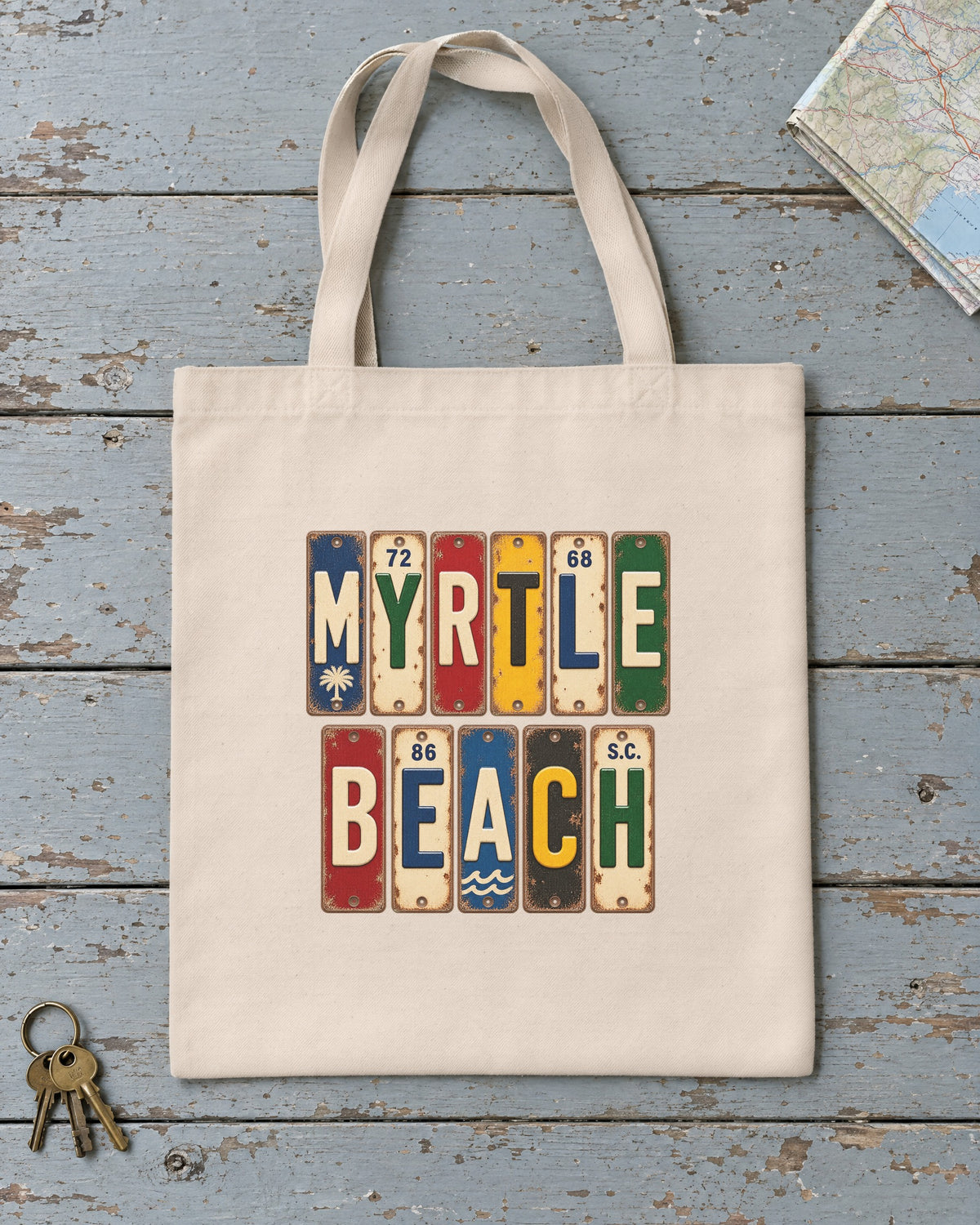 Myrtle Beach, South Carolina vintage license plate tote bag in Natural
