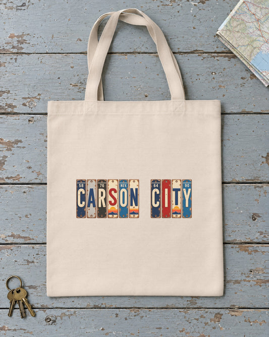 Carson City, Nevada vintage license plate tote bag in Natural