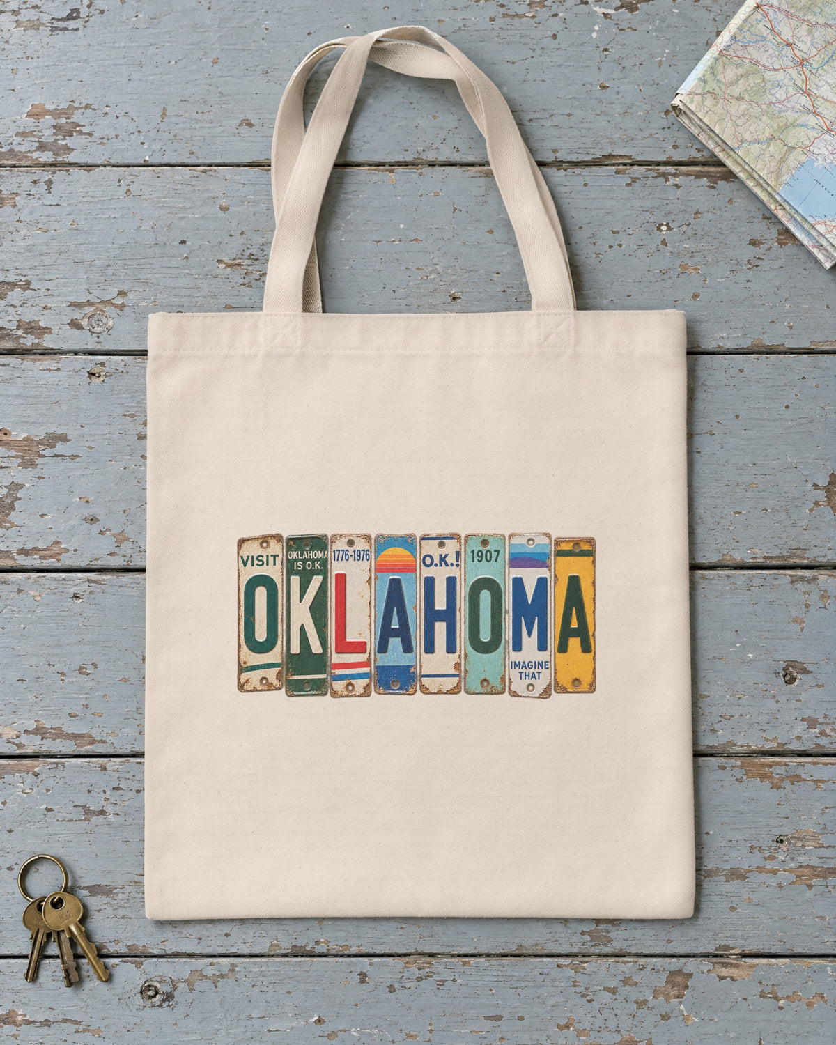 Oklahoma vintage license plate tote bag in Natural