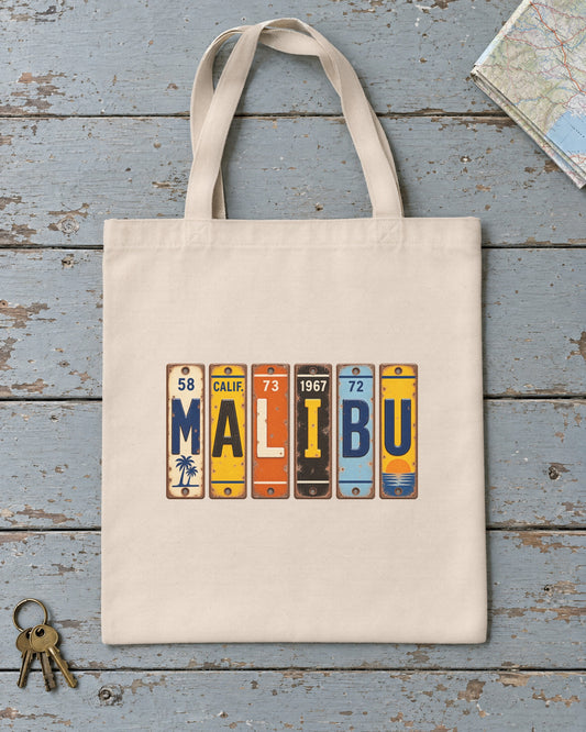 Malibu, California vintage license plate tote bag in Natural