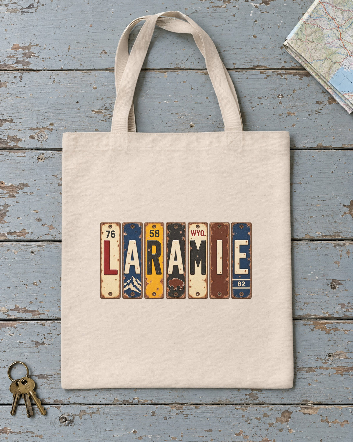 Laramie, Wyoming vintage license plate tote bag in Natural