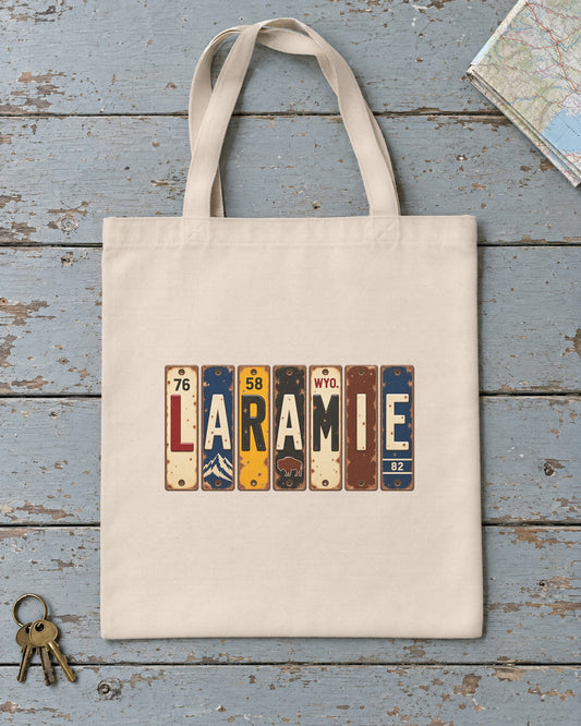 Laramie, Wyoming vintage license plate tote bag in Natural
