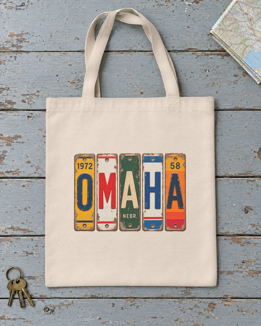 Omaha, Nebraska vintage license plate tote bag in Natural