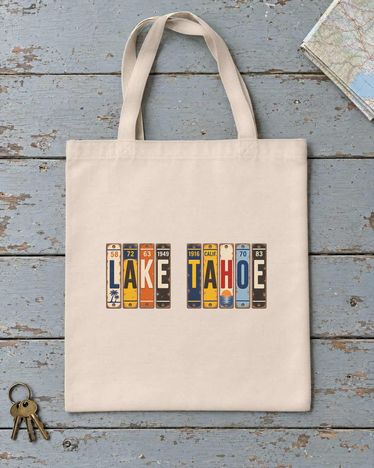 Lake Tahoe, California vintage license plate tote bag in Natural