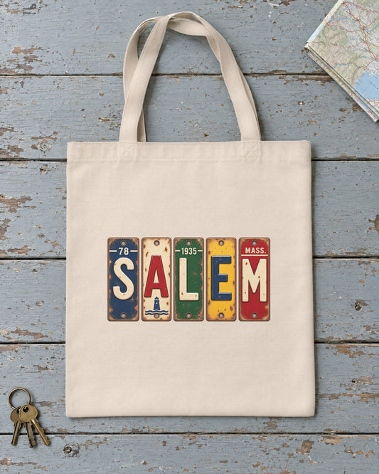 Salem, Massachusetts vintage license plate tote bag in Natural